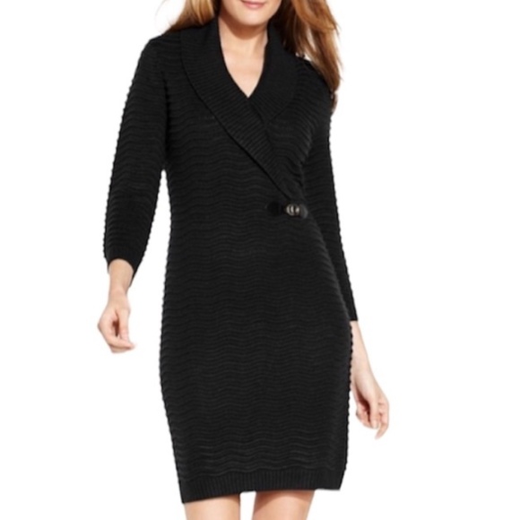 Calvin Klein Dresses & Skirts - Calvin Klein Sweater Dress Faux Wrap Buckle Closure Black Long Sleeve V-Neck XL